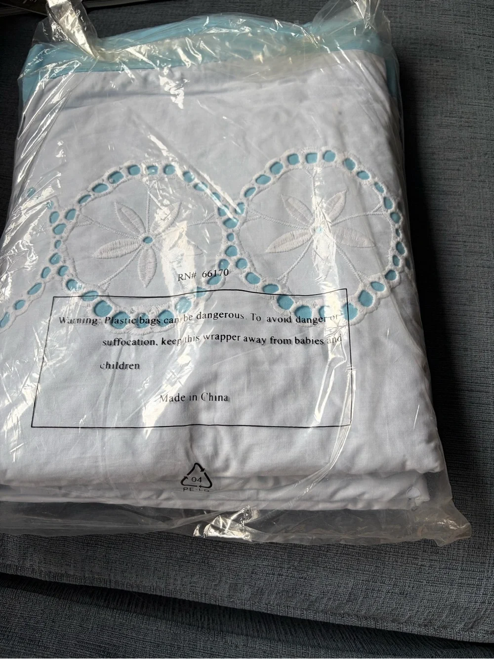Anthropologie White Shower Curtain with Light Blue Eyelet Medallions